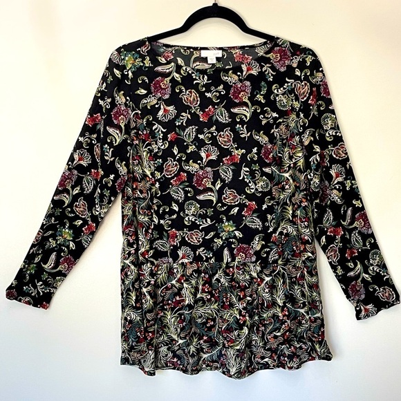 J. Jill long sleeved crew neck bohemian flowy floral top w/ ruffled bottom; XSP - Picture 1 of 7